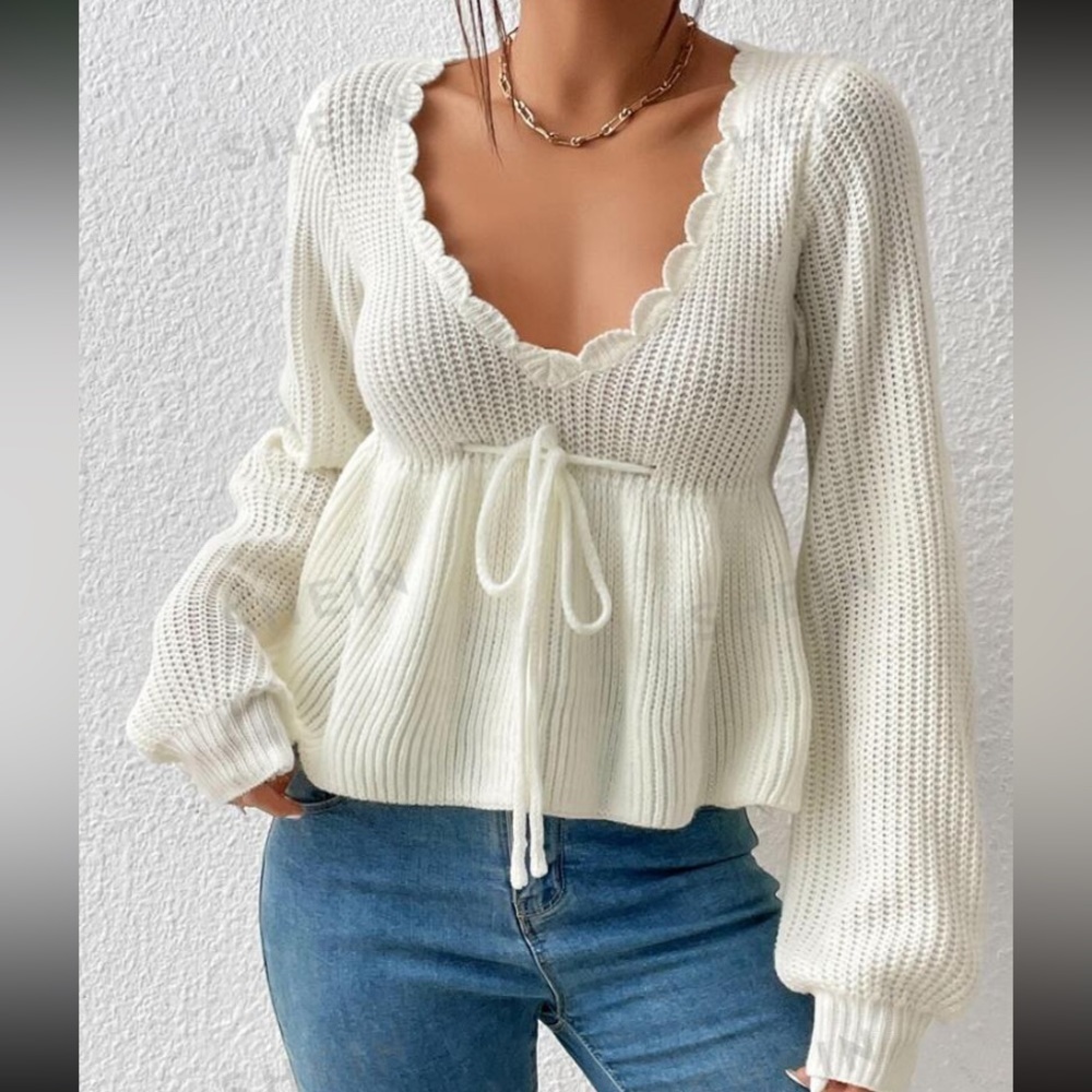 Crochet Knit Long Sleeve V Neck Sweater - Picture 1 of 6